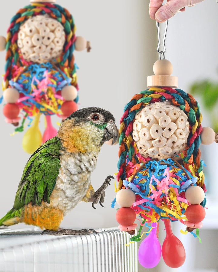Conure Toys, 2PCS Bird Parrot Foraging Shredder Hanging Toys Sola Balls with Sand Hammer for Small Parrots Parakeets Conures Cockatiels Love Birds Cage Toy