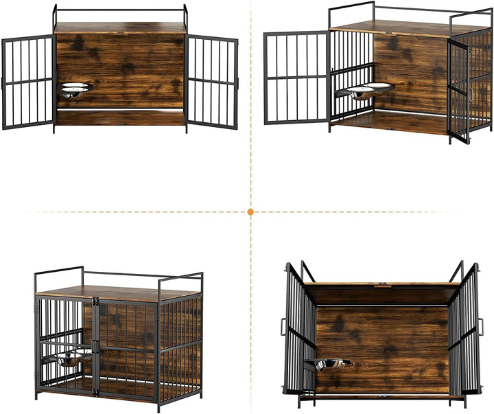 Furniture Style Large Dog Crate with 360° & Adjustable Raised Feeder for Dogs 2 Stainless Steel Bowls -End Table House Pad, Indoor Use,41" L X 24" W 36" H, Classic Brown