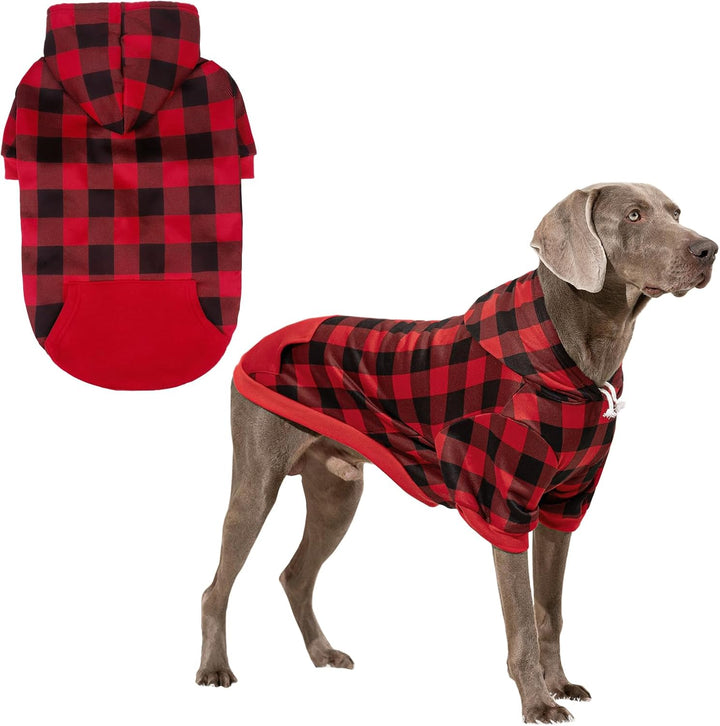 Plaid Dog Hoodie Pet Clothes Sweater with Hat and Pocket for Small Medium Large Size Dogs, Soft Winter Warm Dog Cold Weather Coat, Fleece Fall Dog Hooded Sweatshirt for Puppy Cats, Red XL