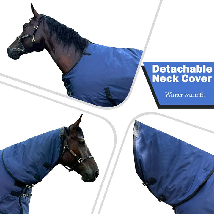 Horse Blankets Winter for Real Horses, 1200D Waterproof Poly Rain Sheets with Neck Cover Belly Wrap Tail Wrap Turnout Blanket, Horses Stuff Care Medium Large Weight Heavy Outdoor Clothes Blue 75 Inch