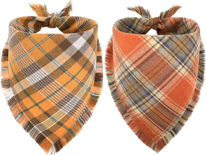 Halloween Dog Bandana, 2 Pack Fall Thanksgiving Classic Plaid Dog Scarf with Tassels Edges, Funny Pet Apparel & Accessories Costume for Photo Prop, and Party Decor (Large, Yellow&Orange)