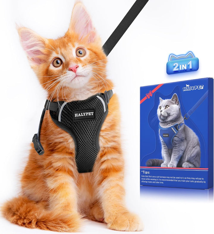 Cat Harness and Leash Set [ MAX Safety Third Generation ] Escape Proof Soft Adjustable Cat Leash Breathable Comfortable Vest Easy to Wear Kitten Harness for Outdoor Walking Black