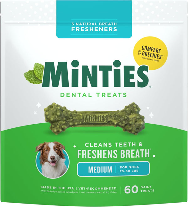 Dental Chews for Dogs, 60 Count, Vet-Recommended Mint-Flavored Treats for Medium Dogs 25-50 Lbs, Bones Clean Teeth, Fight Bad Breath, and Removes Plaque and Tartar