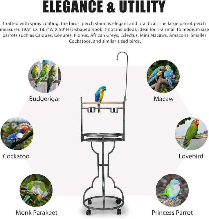 72" Parrot Stand,Stainless Steel Tray Bowls Large Bird Playstand,Parrot Perch with Easy Grip,Wrought Iron Bird Stand with Toy Hook,Macaw Play Gym Ground Stand Rolling Wheel,Pet Gift