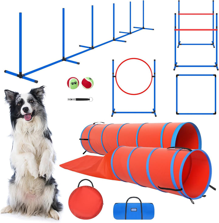 Dog Agility Course Backyard Set Dog Agility Equipment Obstacle Course Backyard Includes Adjustable High Hurdle,6 Weave Poles,Extended Tunnel,Jump Ring,Square Pause Box,2 Balls,Whistle,2 Carrying Bags