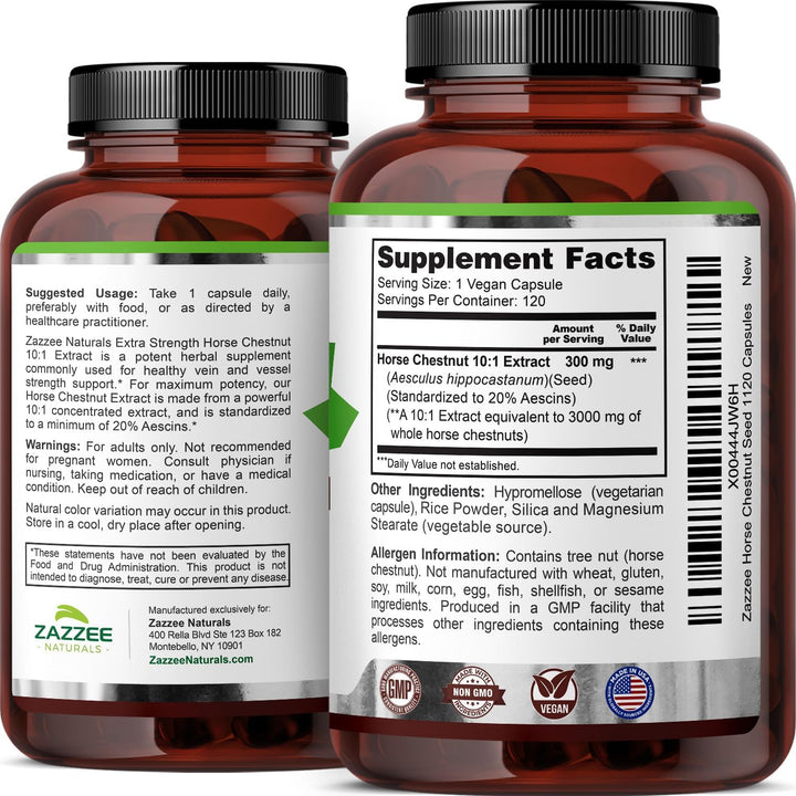 Extra Strength Horse Chestnut 10:1 Extract, 3000 Mg Strength, 20% Aescins, 4 Month Supply, 120 Vegan Capsules, Concentrated and Standardized 10X Extract, All-Natural, Non-Gmo, Made in the USA
