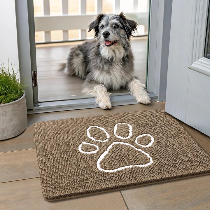 Dog Door Mat for Muddy Paws, Absorbent Dirt Trapper Non Slip Quick Dry Washable Chenille Mat for Mud Dogs, Entry Rug for Indoor and Outdoor (30X20 Inches, Grey)