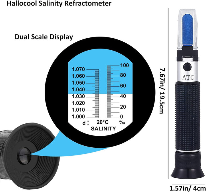 Salinity Refractometer for Aquarium Seawater Marine Fishkeeping Salinity Tester 0-100PPT & 1.000-1.070 Salinity Hydrometer Slatwater Refractometer with Automatic Temperature Compensation (ATC)