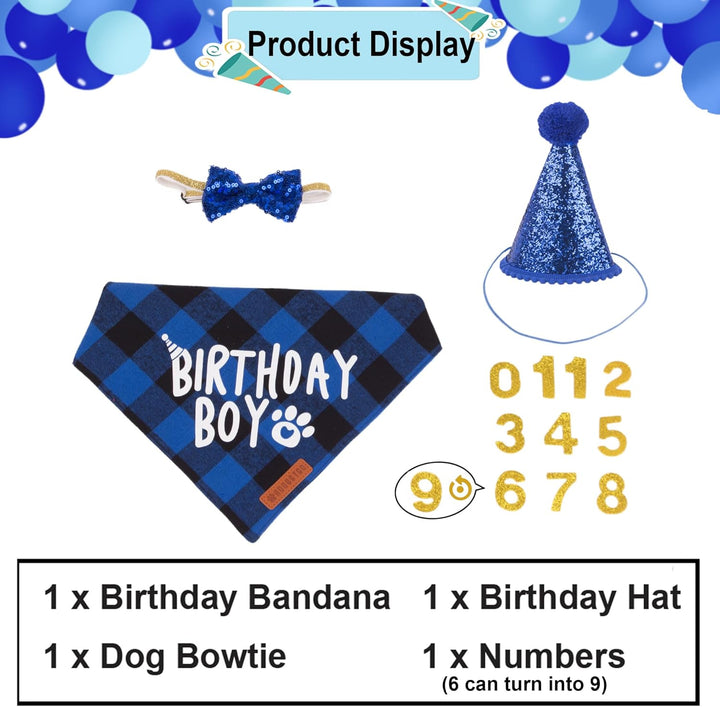 Dog Birthday Party Supplies, Multi Size Offered, Blue Dog Birthday Hat Bandana Numbers Bow Set for Large X-Large Dogs Pets (X-Large)