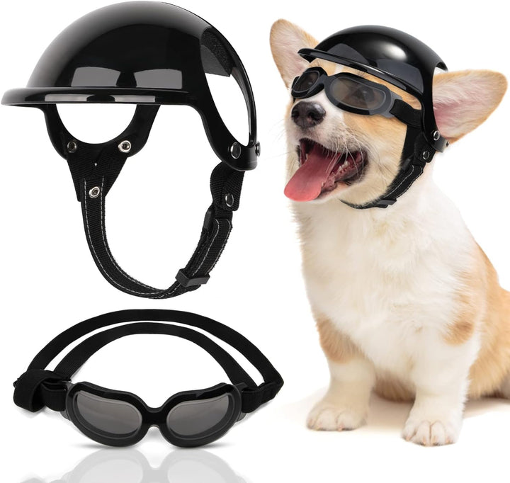 Dog Helmet and Goggles - UV Protection Doggy Sunglasses Dog Glasses Pet Motorcycle Helmet Hat with Ear Holes Adjustable Belt Safety Hat for Small Medium Large Dogs Puppy Riding (Black, S)