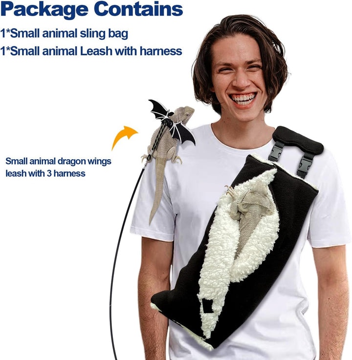 Adjustable Fluffy Bearded Dragon Sling Carrier Bag, Reptile Carrier with Leash Harness Lizard Cage Accessories for Small Animal, Kitty, Ferrets, Squirrel, Hamsters,Parrot (Black)