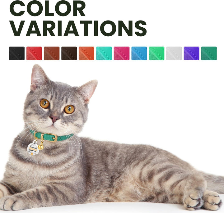 Leather Cat Collar with Removable Bells Non Breakaway Kitten QR Tag for Girl Boy (7" - 9" for Cats, Black & Gold)