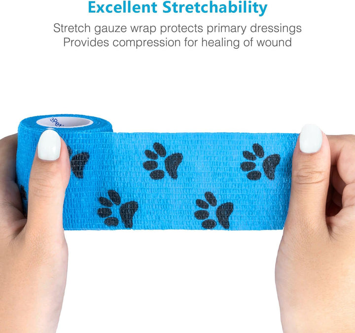 Pet Wrap, Self-Adhesive, Only Sticks to Itself, Non-Woven Tape for Dog Legs, Paws, Wounds, First Aid Cohesive Gauze for Horse, Cat, Bird, Animal, 6 Rolls, 2 Inch, Pawprints A
