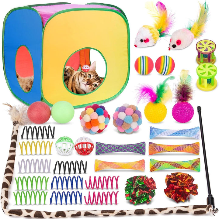 Cat Toys Bundle 33 Pack, Interactive Kitten Toys for Indoor Cats Kitty with Collapsible Play Tunnel Tube Tent Feather Wand Teaser Bell Fuzzy Ball Springs Mouse Toy