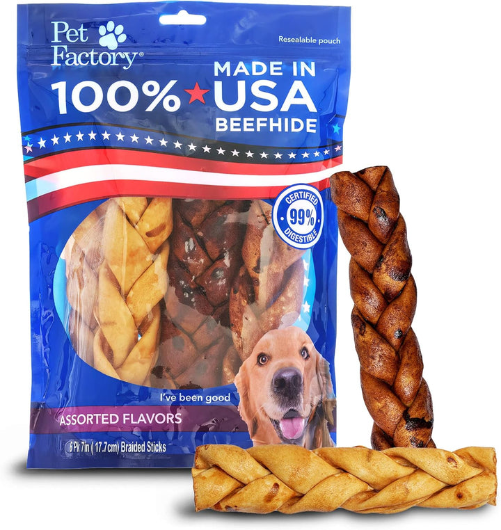 100% Made in USA Beefhide 7" Braided Sticks Dog Chew Treats - Peanut Butter Flavor, 6 Count/1 Pack