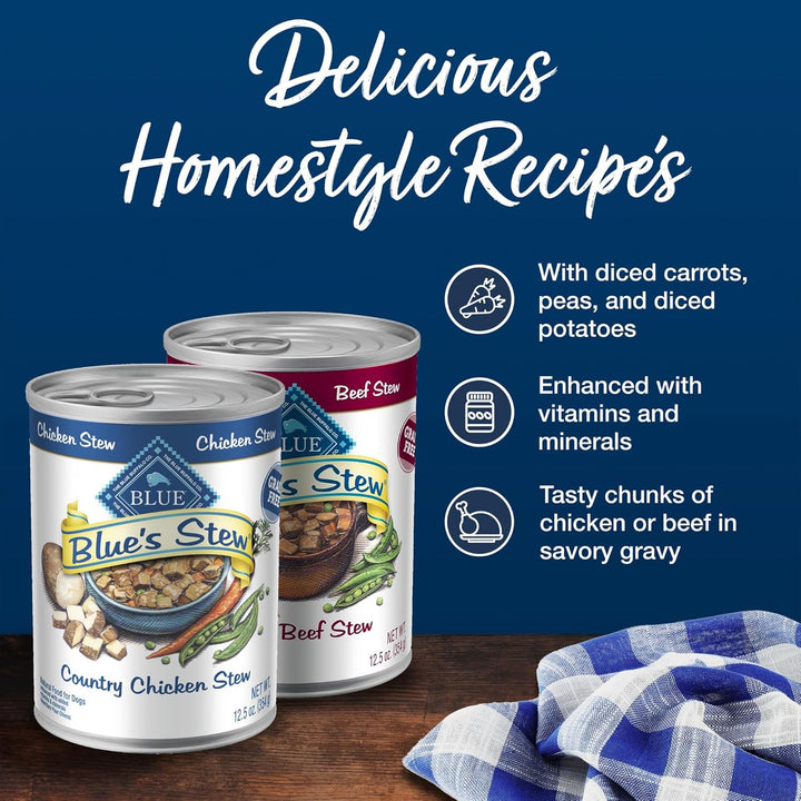 Blue'S Stew Natural Wet Dog Food, Made with Natural Ingredients, Hearty Beef and Country Chicken Variety Pack, 12.5-Oz Cans, 6 Count