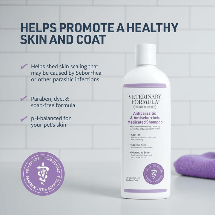 Clinical Care Antiparasitic & Antiseborrheic Medicated Dog Shampoo, 16 Oz – Paraben, Dye, Soap Free – Hydrating and Antifungal Shampoo for Dogs, White