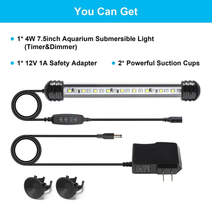 4W 7.5Inch Submersible Aquarium Light Underwater Fish Tank Light LED Aquarium Light Bar with Timer Auto On/Off and Dimmer Adjustable Brightness, 1 Yr Warranty