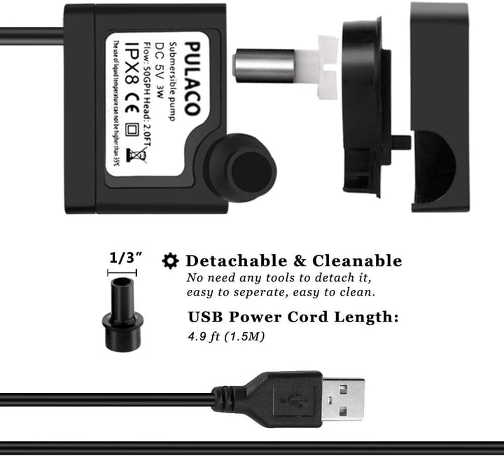 DC 5V USB Mini Submersible Water Pump with Tubing for Pet Fountain, Aquarium Fish Tank, Pond, Fountain, Hydroponics