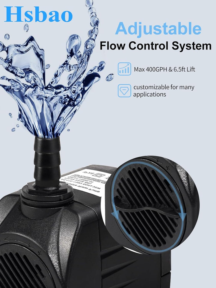 Fountain Pump, 400GPH Submersible Water Pump Outdoor, Ultra Quiet Water Fountain Pump with 6.5FT High Lift, 3 Nozzles for Pond Waterfall, Fish Tank, Aquarium, Hydroponics