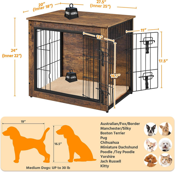 27.5'' Dog Crate Furniture with Cushion Wooden Dog Crate with Double Doors/Adjustable Feet Side End Table for Small/Medium Dogs, 27.5" L X 20" W X 24" H
