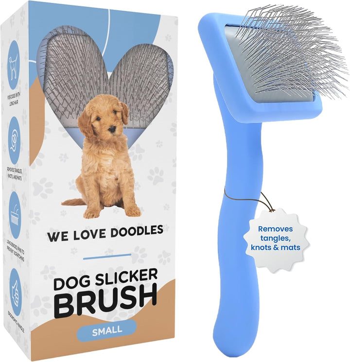 Slicker Brush for Dogs, Dog Grooming Supplies - Best Doodle & Poodle Brush for Long Haired Dogs - Goldendoodle Long Pin Detangler for Dematting (Large Curved)
