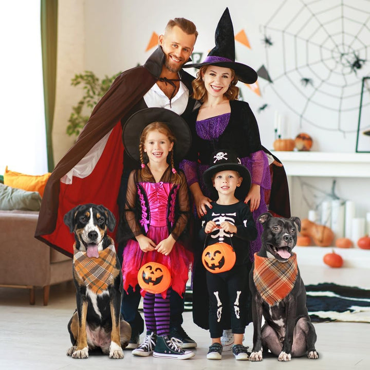 Halloween Dog Bandana, 2 Pack Fall Thanksgiving Classic Plaid Dog Scarf with Tassels Edges, Funny Pet Apparel & Accessories Costume for Photo Prop, and Party Decor (Large, Yellow&Orange)