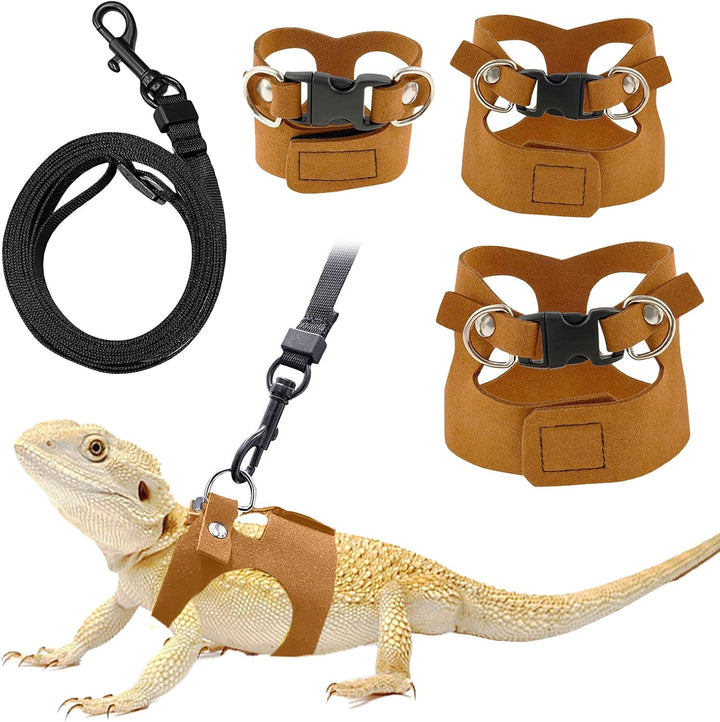 Bearded Dragon Leash and Harness Set - 3-Size Adjustable Soft Leather Vest for Training & Walking, Easy-On-And-Off Design (Brown) (Brown, 2M)
