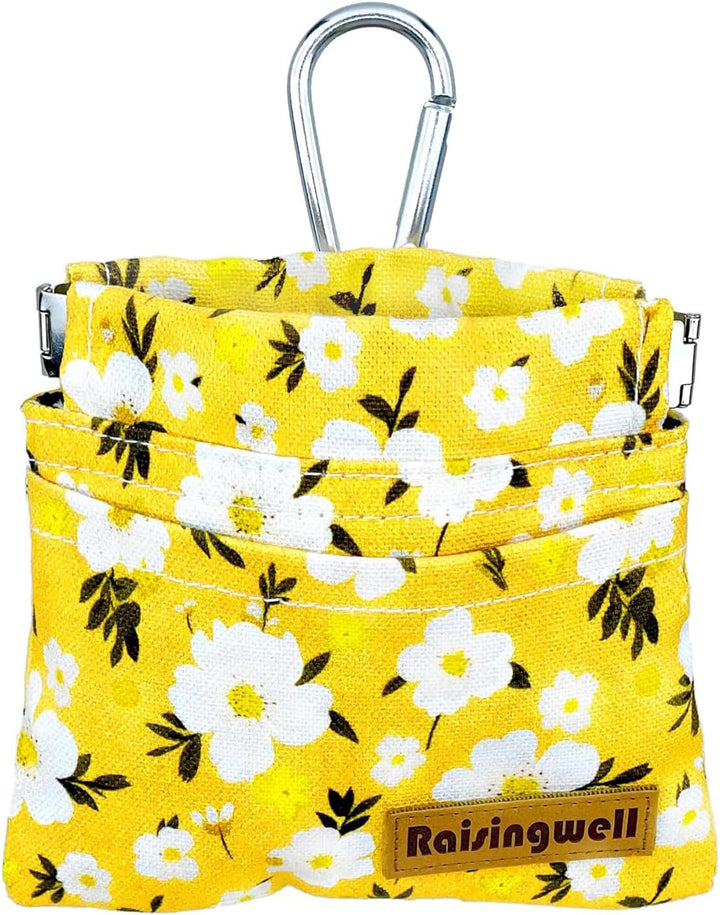 Dog Treat Pouch, Green Pocket Sized Pet Training Pouch, Cotton Fabric, Hand Free Dog Walking Bag with Carabiner, Self-Closing Pet Feed Snack Reward, for Puppy Travel or Outdoor Use