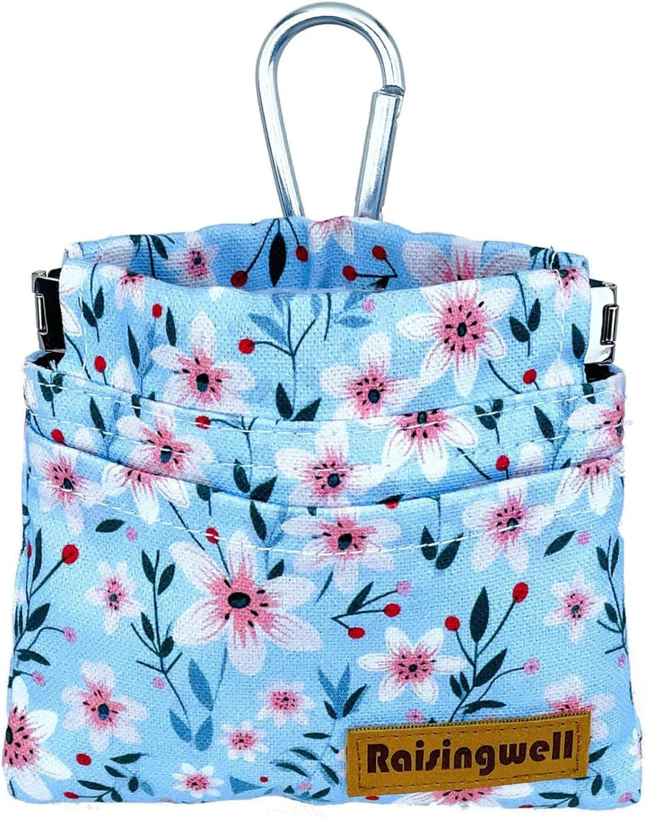 Dog Treat Pouch, Green Pocket Sized Pet Training Pouch, Cotton Fabric, Hand Free Dog Walking Bag with Carabiner, Self-Closing Pet Feed Snack Reward, for Puppy Travel or Outdoor Use