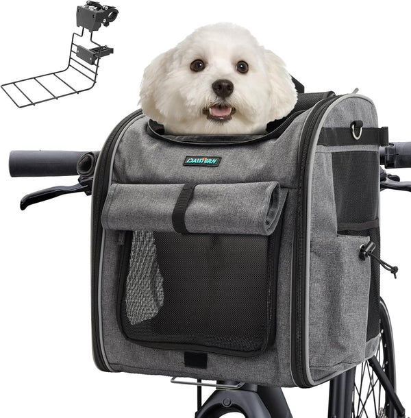 Foldable Front Bike Basket for Dogs, 4-In-1 Pet Carrier Backpack/Shoulder Bag/Car Seat with Heavy-Duty L-Shaped Mount Φ2.17 Inch, Waterproof Cushion & Reflective Strips, Supports up to 22Lbs