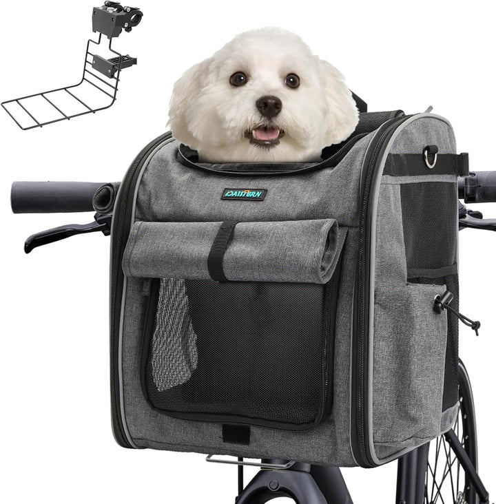 Foldable Front Bike Basket for Dogs, 4-In-1 Pet Carrier Backpack/Shoulder Bag/Car Seat with Heavy-Duty L-Shaped Mount Φ2.17 Inch, Waterproof Cushion & Reflective Strips, Supports up to 22Lbs