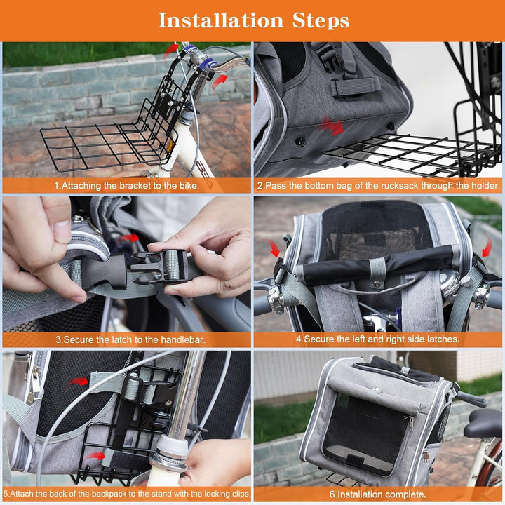 Dog Basket for Bike, Suitable for Small & Medium Pet up to 7 Kg, Foldable 4-In-1 Pet Bike Basket, Crossbody, Shoulder and Car Seat, with Sturdy Bracket and 4 Mesh Windows, Gray