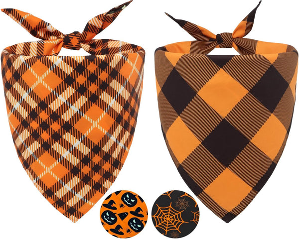 2PCS Fall Dog Bandanas,Halloween Dog Bandanas,One Side Orange Plaid,The Other Side Pumpkin or Spider Web Bibs,Holiday Pet Scarf for Boy and Girl Dogs,Thanksgiving Pet Outfit for Medium to Large Dogs