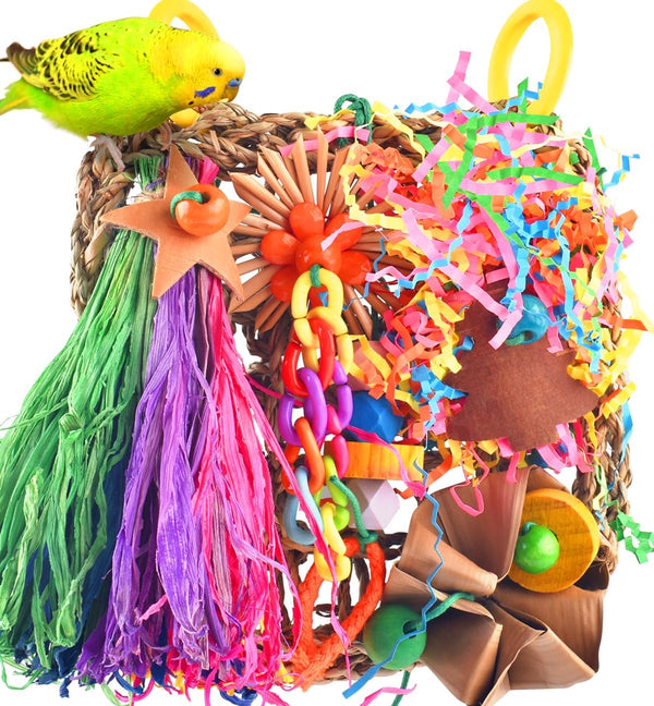 Conure Toys, Bird Grass Mat Parakeet Shredder Hanging Toy Cockatiel Foraging Entertainments Parrot Climbing Wall Chewy Lovebird Cage Playthings for Small to Medium Birds
