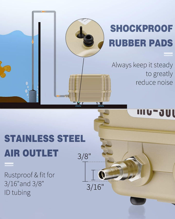 254 GPH Aquarium Air Pump Adjustable Quiet Oxygen Aerator Pump with Multi-Port Air Flow Control Lever Valve Splitter and Airline Tubing for Fish Tanks Ponds and DWC Systems up to 300 Gallons