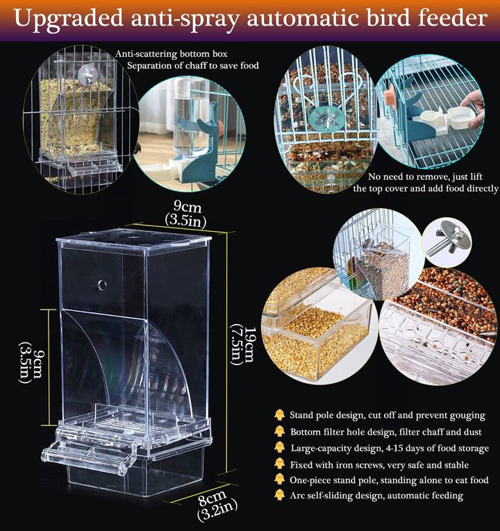 No Mess Bird Feeder Water Dispenser Set, Automatic Parrot Feeder Cage Accessories, Clear Parakeet Seed Container Food Drinker for Cage, Cockatiel Finch Lovebirds Budgies Canary (Blue)