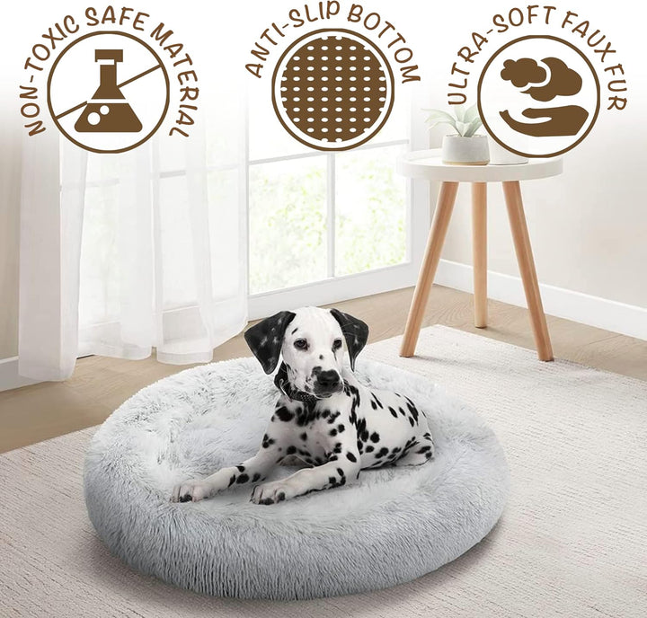 Donut Dog Bed Faux Fur Fluffy Calming Sofa for Medium Dogs, Soft & Plush anti Anxiety Pet Couch for Dogs, Machine Washable Coco Pet Bed with Non-Slip Bottom, 30"X30"X7" Ivory