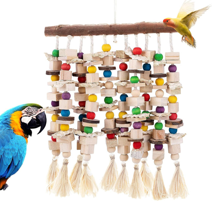 Natural Wood Bird Chew Toys, 7 Pack Hanging Parrot Cage Perch Stand for Parakeet, Cockatiel, Lovebird, Budgie