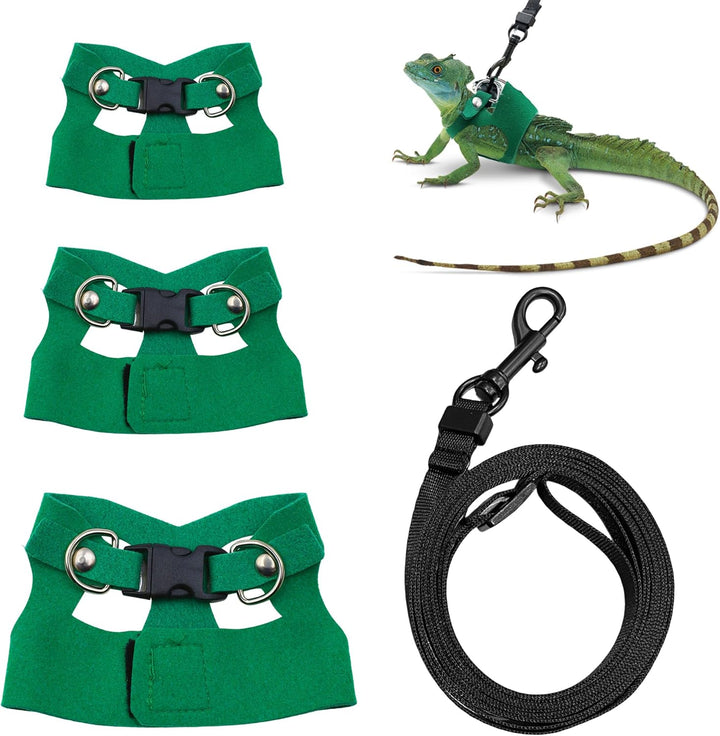 Bearded Dragon Harness and Leash Set, 3 Size Adjustable Soft Leather Reptile Leash, Lizard Harness with Retractable, Small Animal Outdoor Walking Vest with Traction Rope, 3 Pack, Black
