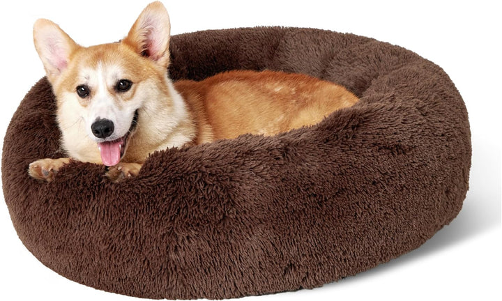 Calming Dog Bed Medium Size Dog - Donut Washable Medium Pet Bed, 30 Inches Anti-Slip round Fluffy Plush Faux Fur Cat Bed, Fits up to 45 Lbs Pets, Camel