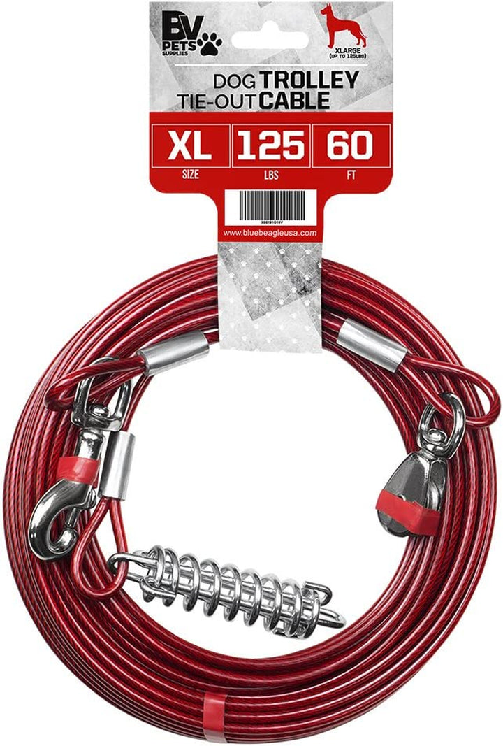 Dog Tie Out Cable 30 Feet - Heavy Duty Dog Lead up to 125 Pounds - Reflective & Rust-Free with Quick Release Swivel Clips & 360° Rotating Clasp - Tangle-Free Dogs Runner for Yard (Red, Single)