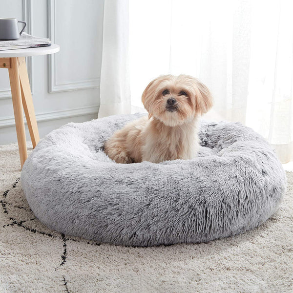 Calming Soft round Dog & Cat Bed, Anti-Anxiety Donut Cuddler Warming Cozy Fluffy Faux Fur Plush Cushion Bed for Small Medium Dogs and Cats (20"/24"/27"/30"), Light Grey