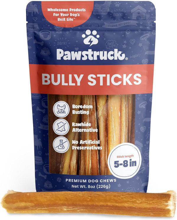 Natural 5-8" Bully Sticks for Dogs - Best Long-Lasting, Rawhide-Free, Low Odor Dental Chew Treat - Healthy Single Ingredient, 100% Real Beef - 8 Oz Bag - Packaging May Vary