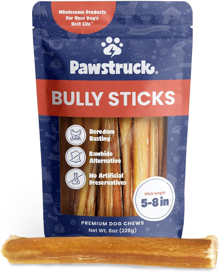 Natural 5-8" Bully Sticks for Dogs - Best Long-Lasting, Rawhide-Free, Low Odor Dental Chew Treat - Healthy Single Ingredient, 100% Real Beef - 8 Oz Bag - Packaging May Vary