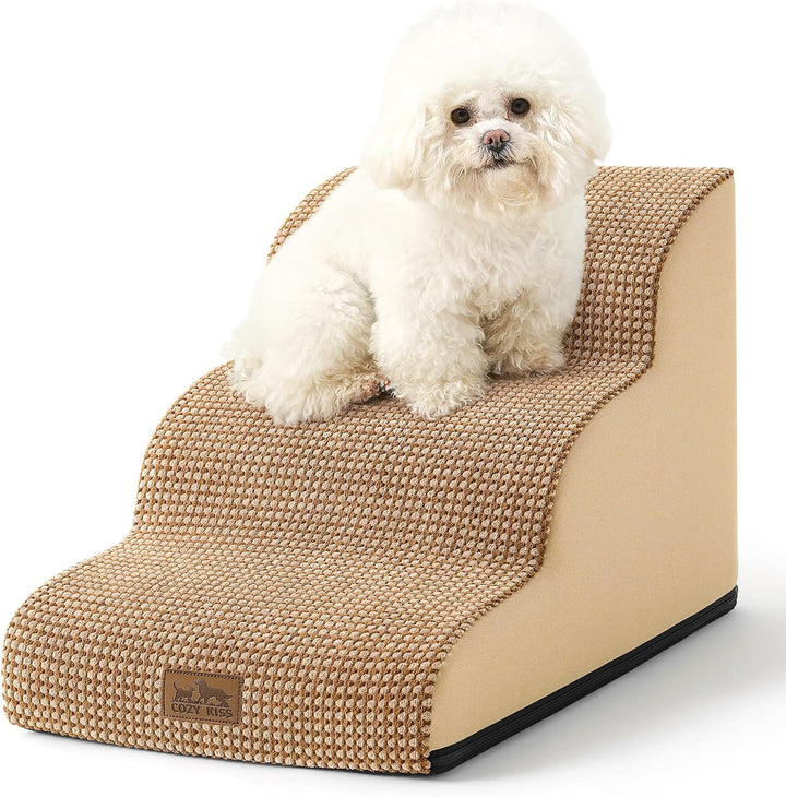 Dog Stairs for Small Dogs 15.7" H, Curved Dog Step for Puppy, Older Cat, Medium Pet Ramp for Sofa, Couch or Chair, Ladder with High Density Foam, 15.7X22.4X15.7 Inch, 3 Step, Beige