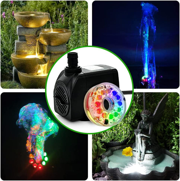 10Watt 160GPH Submersible Fountain Pump with Automatic Color Changing LED Light and Flow Regulator for Water Feature, Outdoor Pond, Aquarium Fish Tanks