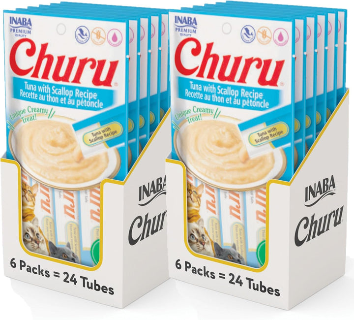 Churu Cat Treats, Grain-Free, Lickable, Squeezable Creamy Purée Cat Treat/Topper with Vitamin E & Taurine, 0.5 Ounces Each Tube, 4 Tubes, Tuna with Salmon Recipe
