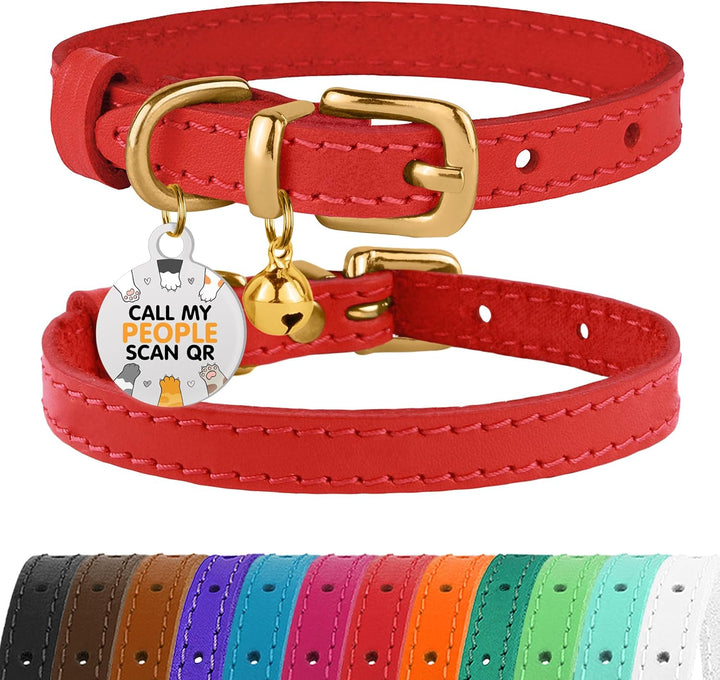 Leather Cat Collar with Removable Bells Non Breakaway Kitten QR Tag for Girl Boy (7" - 9" for Cats, Black & Gold)