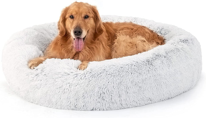 Calming Dog Bed Medium Size Dog - Donut Washable Medium Pet Bed, 30 Inches Anti-Slip round Fluffy Plush Faux Fur Cat Bed, Fits up to 45 Lbs Pets, Camel
